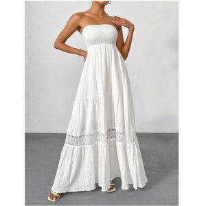 White Strapless Boho Embroidered A-Line Dress Holiday Wedding Romantic Festival